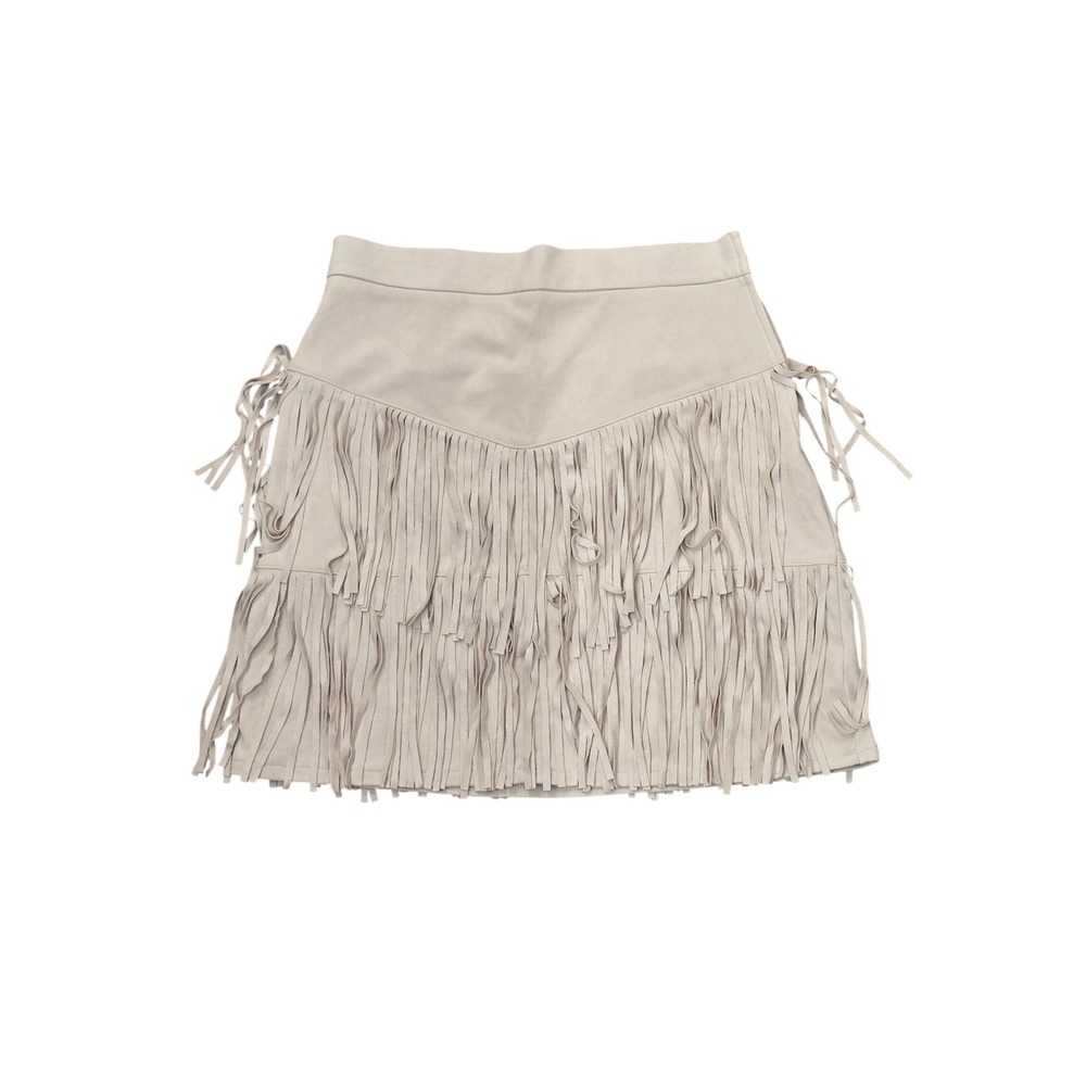 Blue Rain Faux Suede Fringe Mini Skirt Beige Western Boho Festival Size M
